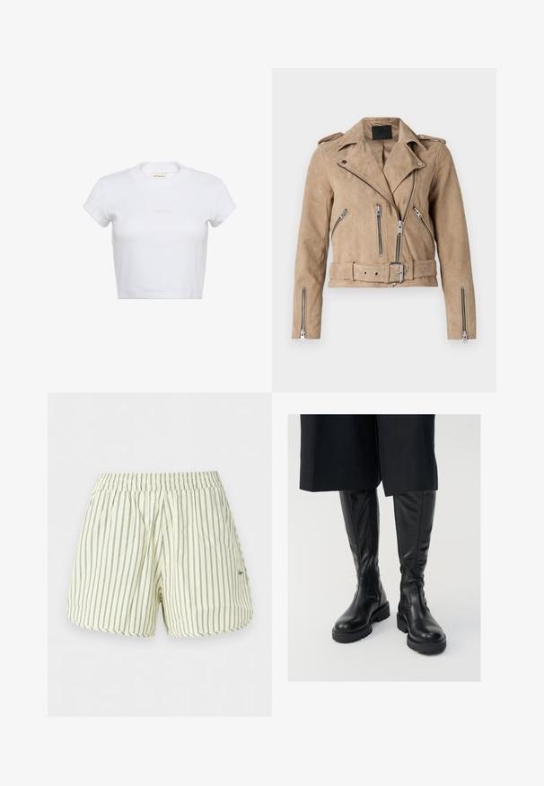 Beige ruskind bikerjakke med flere lynlåslommer, bælte i taljen og asymmetrisk front med skulderstykker. Sølvfarvede hardware-detaljer.; Hvid cropped t-shirt med korte ærmer og ribbet tekstur. Har en rund halsudskæring og en diskret "Calvin Klein"-logo i lys farve foran.; Lyse cremefarvede shorts med tynde lodrette mørkegrønne striber og elastik i taljen, med lille broderet tekst på siden.; Sorte læder knæhøje støvler med en glat tekstur, kraftige såler og side-lynlåse. Designet har diskrete sømdetaljer.