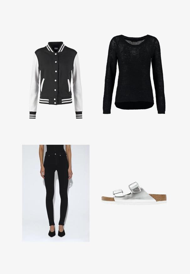 Schwarz-weiße Collegejacke mit Knopfverschluss, gestreiftem Kragen, Bündchen und Saum, weißen Ärmeln und schwarzem Körper sowie Taschen.; Schwarzer gestrickter Pullover mit langen Ärmeln, weitem Ausschnitt und strukturiertem Muster. Abgerundeter Saum ist hinten länger als vorne.; Person trägt schwarze Skinny-Jeans mit hoher Taille und schwarze spitze Pumps, steht vor einem schlichten weißen Hintergrund.; Silberne metallische Sandale mit zwei verstellbaren Riemen, Korkfußbett und weißer Sohle. Glatte Oberfläche mit glänzendem Finish.