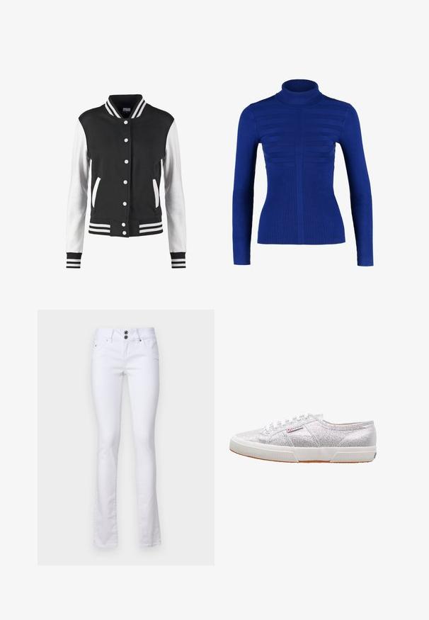 Zwart-witte varsityjas met knoopsluiting, gestreepte kraag, manchetten en zoom, en witte mouwen met een zwart lijf en zakken.; Blauwe coltrui met ribbeltextuur, verticale strepen op het lichaam en lange mouwen van rekbaar materiaal.; Witte flared jeans gemaakt van een katoenmix, met een sluiting met twee knopen, voorzakken en subtiele stikseldetails.; Zilveren glitter sneakers met een witte rubberen zool, voorzien van een ronde neus, vetersluiting en een logo-patch aan de zijkant.