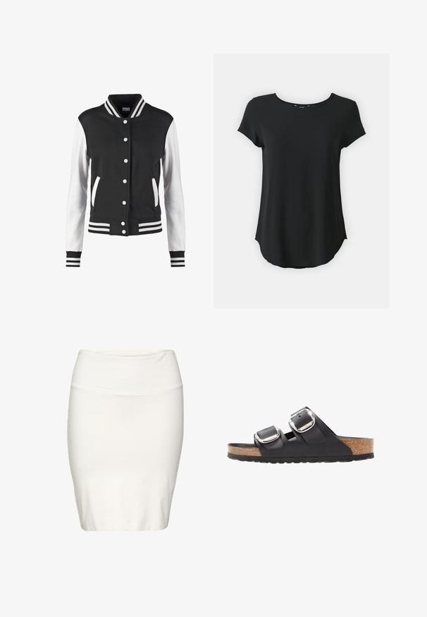 Sort og hvid varsity-jakke med knaplukning, stribet krave, manchetter og kant, og hvide ærmer med sort krop og lommer.; Sort kortærmet T-shirt med rund hals, blødt stof, let buet kant og slidser i siderne for nem bevægelse. Ingen synlige mønstre.; Hvid knælang blyantskørt lavet af blødt, elastisk stof. Har et tætsiddende design med et glat taljebånd og minimale sømme.; Sort sandal med to justerbare remme, sølvspænder og en korksål på en struktureret sort gummisål.