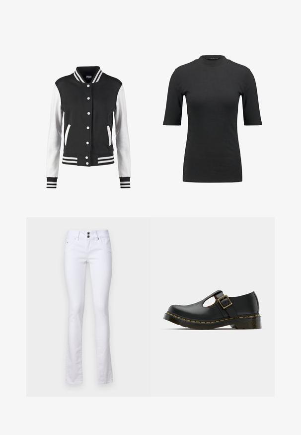Schwarz-weiße Collegejacke mit Knopfverschluss, gestreiftem Kragen, Bündchen und Saum, weißen Ärmeln und schwarzem Körper sowie Taschen.; Schwarzes geripptes T-Shirt mit hohem Hals und kurzen Ärmeln. Glattes, figurbetontes Design ohne Muster oder sichtbare Hardware-Details.; Weiße ausgestellte Jeans aus einem Baumwoll-Mischgewebe, mit einem Zwei-Knopf-Verschluss, Fronttaschen und subtilen Nähdetails.; Schwarzer Lederschuh mit abgerundetem Zeh, Fesselriemen und Schnalle, niedrigem Absatz und gelben Nähten entlang der Sohle. Glatte Textur durchgehend.