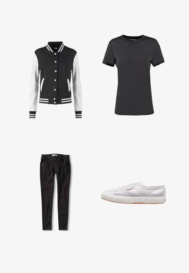Sort og hvid varsity-jakke med knaplukning, stribet krave, manchetter og kant, og hvide ærmer med sort krop og lommer.; Sort kortærmet t-shirt lavet af glat stof. Har en rund halsudskæring uden synlige mønstre eller detaljer, hvilket giver et enkelt design.; Sorte denim jeans med lige pasform, der har en standard livkant, bæltestropper og to forlommer. Glat tekstur, minimal hardware.; Sølvglitrende sneakers med hvid gummisål, der har rund tå, snørebåndsdesign og et logo-patch på siden.