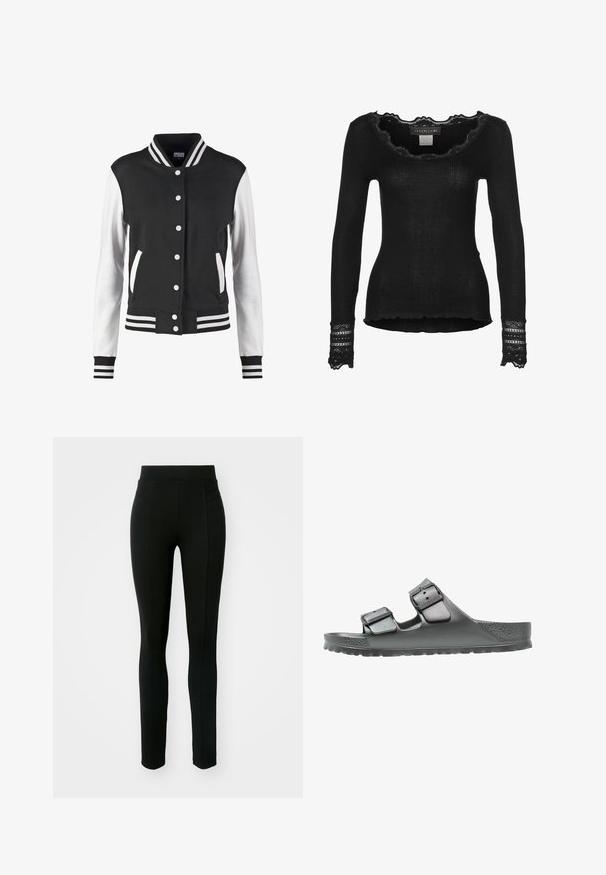 Chaqueta universitaria en blanco y negro con cierre de botones, cuello, puños y bajo a rayas, y mangas blancas con cuerpo y bolsillos negros.; Top de manga larga negro con cuello de encaje con borde ondulado y acentos de encaje en los puños. Diseño ajustado con un dobladillo ligeramente asimétrico.; Leggings negros de material elástico, con cintura alta, corte ajustado y dos bolsillos frontales sin costuras visibles.; Sandalia gris con dos correas ajustables, acabado texturizado, planta ancha y suela contorneada para mayor comodidad. Diseño ligero y flexible.