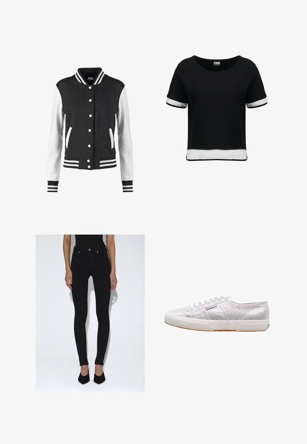 Zwart-witte varsityjas met knoopsluiting, gestreepte kraag, manchetten en zoom, en witte mouwen met een zwart lijf en zakken.; Zwarte cropped T-shirt met korte mouwen, voorzien van witte netaccenten op de mouwen en de zoom. Gladde stof; ronde halslijn.; Persoon die zwarte skinny jeans met hoge taille en zwarte puntige pumps draagt, staand tegen een effen witte achtergrond.; Zilveren glitter sneakers met een witte rubberen zool, voorzien van een ronde neus, vetersluiting en een logo-patch aan de zijkant.
