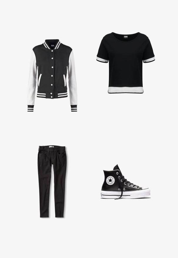 Veste universitaire noir et blanc avec fermeture à boutons, col rayé, poignets et ourlet, manches blanches avec corps noir et poches.; T-shirt noir court à manches courtes, avec des accents en maille blanche sur les manches et l'ourlet. Tissu lisse ; encolure arrondie.; Jeans en denim noir avec une coupe droite, dotés d'une taille standard, de passants de ceinture et de deux poches avant. Texture lisse, matériel minimal.; Baskets montantes Converse Chuck Taylor All Star noires avec semelle en caoutchouc blanc et patch logo sur la cheville, présentées sur un fond blanc.