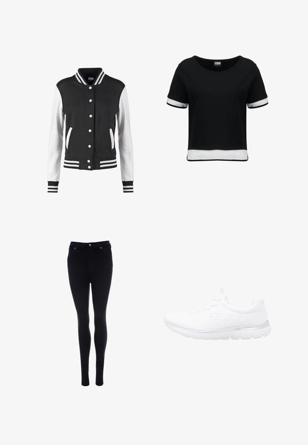 Chaqueta universitaria en blanco y negro con cierre de botones, cuello, puños y bajo a rayas, y mangas blancas con cuerpo y bolsillos negros.; Camiseta negra corta con mangas cortas, que presenta detalles de malla blanca en las mangas y el dobladillo. Tela suave; escote redondeado.; Vaqueros pitillo negros de cintura alta con botón y cremallera delanteros, bolsillos delanteros y traseros, expuestos sobre un fondo blanco.; Zapatilla deportiva blanca con parte superior de punto texturizado, un acento plateado en la suela y una suela de goma flexible para mayor comodidad y soporte.