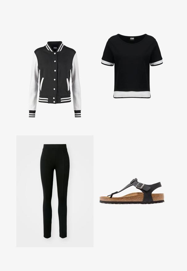 Zwart-witte varsityjas met knoopsluiting, gestreepte kraag, manchetten en zoom, en witte mouwen met een zwart lijf en zakken.; Zwarte cropped T-shirt met korte mouwen, voorzien van witte netaccenten op de mouwen en de zoom. Gladde stof; ronde halslijn.; Zwarte leggings van rekbaar materiaal, met een hoge taille, slim fit en twee voorzakken zonder zichtbare naden.; Birkenstock KAIRO NU REGULAR - Sandalen - black