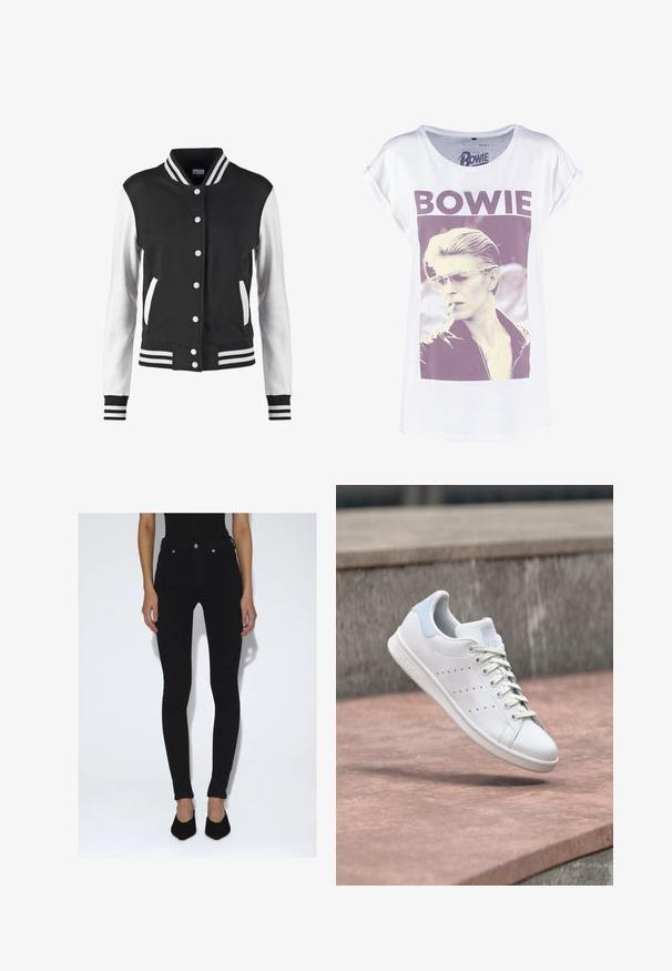 Schwarz-weiße Collegejacke mit Knopfverschluss, gestreiftem Kragen, Bündchen und Saum, weißen Ärmeln und schwarzem Körper sowie Taschen.; Weißes T-Shirt mit einem grafischen Aufdruck eines Mannes mit Sonnenbrille und Zigarre, beschriftet mit "BOWIE" in fettem lila Text. Kurzärmlig.; Person trägt schwarze Skinny-Jeans mit hoher Taille und schwarze spitze Pumps, steht vor einem schlichten weißen Hintergrund.; Weißer Ledersneaker mit hellblauem Fersenlasche, perforierten Seitenstreifen und Schnürsenkeln, schwebend über Steinstufen im Freien.