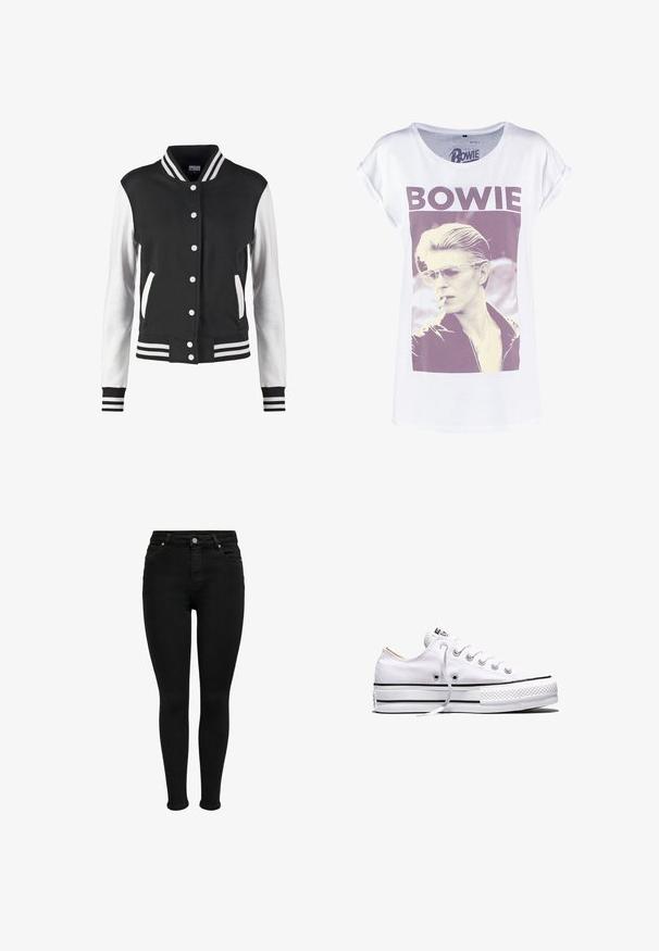 Schwarz-weiße Collegejacke mit Knopfverschluss, gestreiftem Kragen, Bündchen und Saum, weißen Ärmeln und schwarzem Körper sowie Taschen.; Weißes T-Shirt mit einem grafischen Aufdruck eines Mannes mit Sonnenbrille und Zigarre, beschriftet mit "BOWIE" in fettem lila Text. Kurzärmlig.; Schwarze hochtaillierte Skinny-Jeans mit vorderem Knopf, Gürtelschlaufen und Fünf-Taschen-Design, vor einem weißen Hintergrund gezeigt.; Weißer Canvas-Sneaker in niedriger Ausführung mit weißen Schnürsenkeln, schwarzen Streifen an der Sohle und gummiertem, strukturiertem Zehenschutz, Seitenansicht vor weißem Hintergrund.