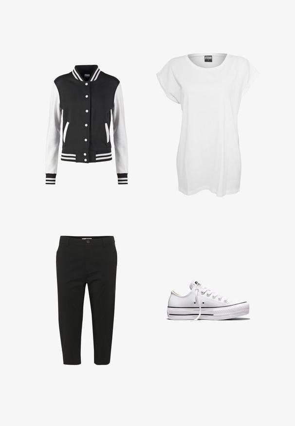Sort og hvid varsity-jakke med knaplukning, stribet krave, manchetter og kant, og hvide ærmer med sort krop og lommer.; Hvid kortærmet t-shirt lavet af bomuld, med en afslappet pasform, bred halsudskæring og minimalistisk design uden mønstre eller accenter.; Sorte korte bukser lavet af glat stof, med knaplukning, forlommer og lige ben-design.; Lavtop hvid lærredsneaker med hvide snørebånd, gummisål, sorte stribedetaljer og logo-patch på tungen og hælen.