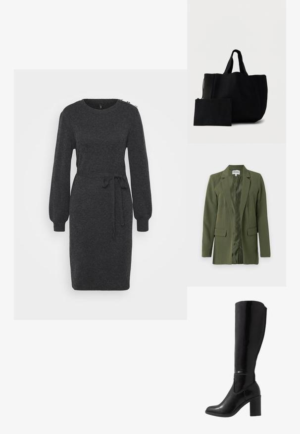 Olivengrøn blazer i struktureret stof, med en spids krave, frontlommer og en glat satin foring. Åben frontdesign.; Mørkegrå strikket kjole med lange, puffede ærmer, en rund halsudskæring og en knyttet taljeaccent. Har dekorativt hardware på skulderen.; Knæhøje sorte glansede støvler med hæl, rund tå, glat overflade, detalje med udskæring på siden og en chunky stablet hæl.; Sort tekstureret mulepose med to korte håndtag, ledsaget af en matchende rektangulær pung med lynlås, sat mod en hvid baggrund.