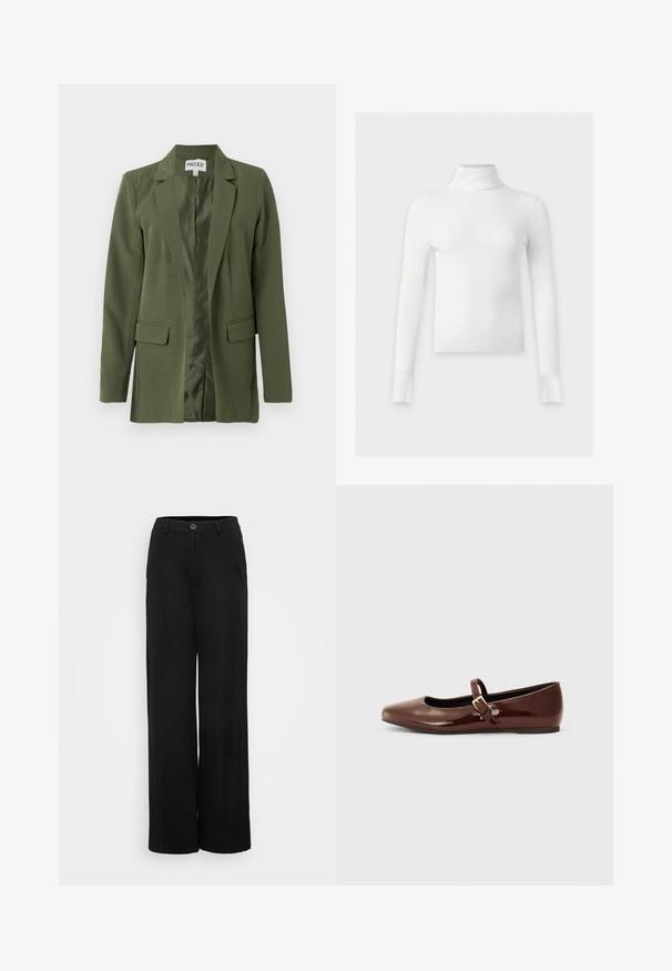Blazer vert olive en tissu structuré, avec un col cranté, des poches avant et une doublure en satin lisse. Conception à ouverture frontale.; Pull col roulé blanc à côtes, manches longues, coupe slim et ourlet droit, présenté sur un fond uni clair.; Pantalons noirs à jambes larges avec une texture lisse, dotés d'une fermeture à bouton et de poches avant. Design classique et polyvalent, idéal pour diverses occasions.; Ballerine en cuir verni marron avec un bout carré et une lanière ornée d'une petite boucle dorée. Texture lisse, talon bas et design minimaliste.