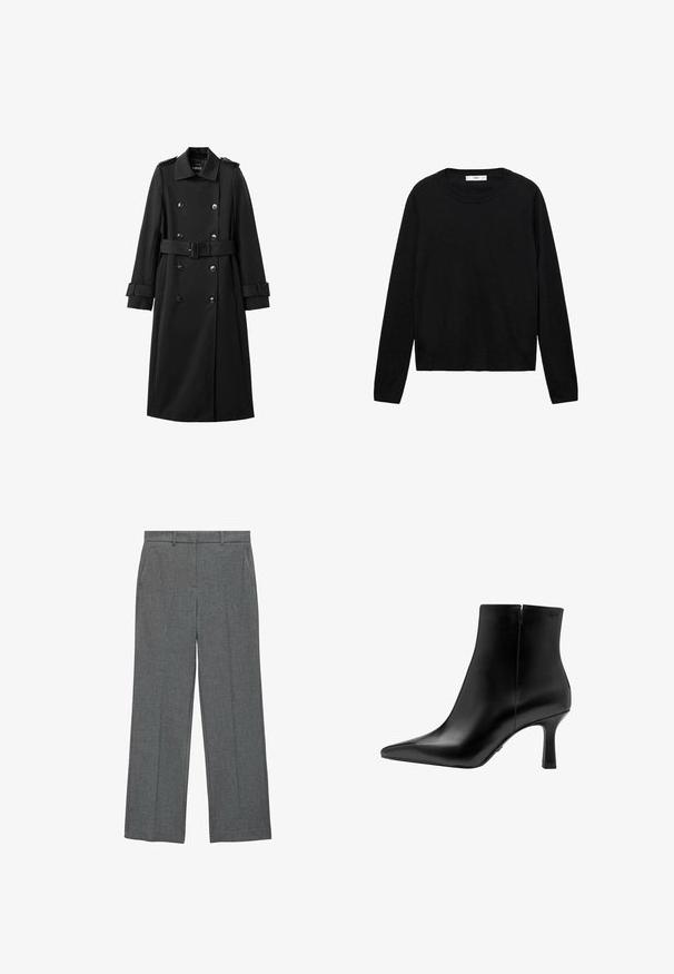 Sort trenchcoat med dobbeltknapning, skulderepauleter, bælte i taljen og knapdetaljer. Fremstillet af glat stof og har lange ærmer.; Sort langærmet sweater lavet af blødt materiale med rund hals og ribbede manchetter, med et enkelt og lige snit design.; Grå skræddersyede bukser med lige ben, flad front og sidelommer. Stoffet har en subtil tekstur. Ingen synlige metaldele.; Sort læder ankelstøvle med spids tå, høj stilettohæl, glat tekstur og minimalistisk design. Inkluderer en lynlåslukning bagpå.