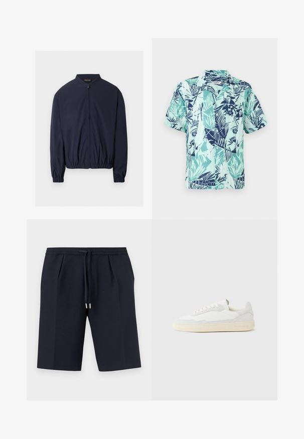 Veste bomber légère bleu marine avec fermeture éclair frontale, poignets élastiques et ourlet élastique, présentée sur un fond blanc.; Chemise à manches courtes avec boutons, motif abstrait de feuilles et fleurs tropicales en sarcelle, menthe et marine sur fond clair.; Shorts bleu marine longueur genou avec taille élastique et cordon de serrage ajustable avec embouts métalliques, design avant plat.; Baskets blanches avec dessus en daim et cuir texturé. Caractérisées par un bout arrondi, une fermeture à lacets et une semelle en caoutchouc beige contrastante.