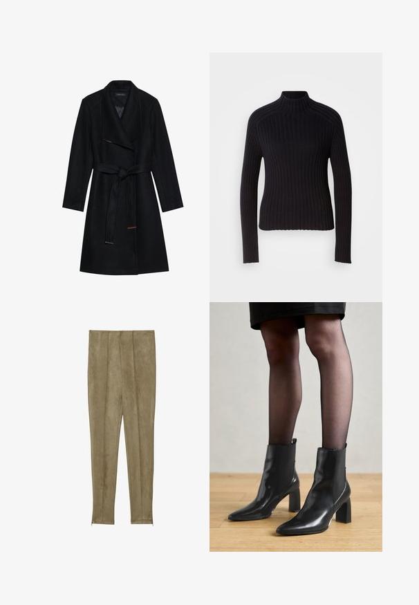 Manteau en laine noir mélangé avec un large col, taille ceinturée, et coupe droite, présentant des accents dorés et cuivrés aux extrémités de la ceinture.; Pull col roulé noir à côtes avec des manches longues, design ajusté et surface texturée. Fabriqué en tissu tricoté extensible.; Pantalons en faux daim de couleur kaki avec des détails de couture verticale et des poignets étroits, présentant une texture lisse et une silhouette ajustée.; Bottines en cuir noir avec un bout pointu, un talon carré épais et un design élégant. Présente des panneaux latéraux élastiques pour un enfilage facile.