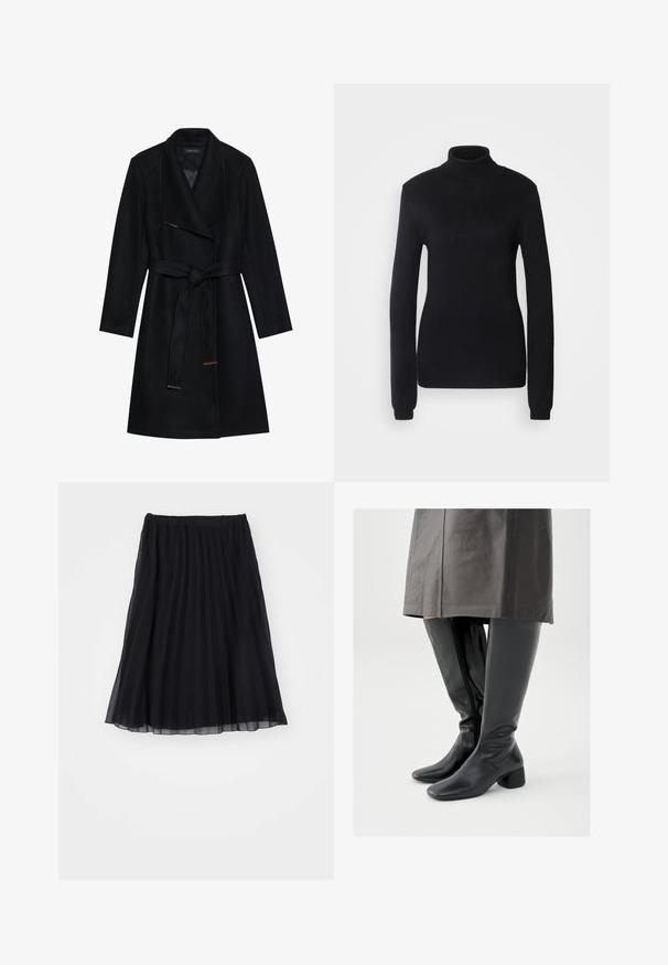 Sort uldblandingsfrakke med bred krave, bælte i taljen og lige snit, med guld- og bronzeaccenter på bælteenderne.; Sort turtleneck sweater lavet af et blødt strikstof, med lange ærmer og en tætsiddende silhuet, der har ribbet krave og kant.; Sort plissee nederdel lavet af gennemsigtig stof med elastisk talje. Flydende design, der strækker sig til midt på læggen og viser lodrette folder.; Knæhøje sorte læderstøvler med firkantet tå, skråt stillet blokhæl og en sidesyning; glat tekstur og tætsiddende design.