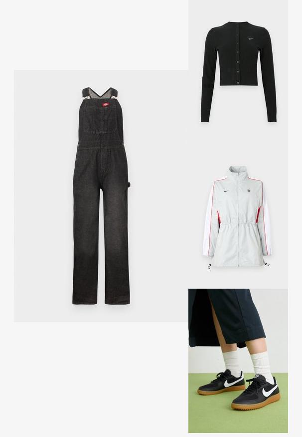 Hellgraue Windjacke mit weißen und roten Seitenpaneelen, verstellbarem Kordelzug am Taillenbund, hohem Kragen und schwarzen Logos auf der Brust.; Schwarzer Jeans-Latzhose mit verstellbaren Schultergurten, einer vorderen Brusttasche und lockerem, geradem Beinverlauf.; Schwarzer, gerippter Langarm-Cardigan mit kurzem Schnitt, Knöpfen vorne und kleinem weißem Nike-Logo auf der linken Seite.; Schwarze Leder- und synthetische Sneakers mit weißem Nike-Swoosh, Gummisohle, runder Spitze und schwarzen Schnürsenkeln. Gestreifte weiße Socken sind sichtbar.
