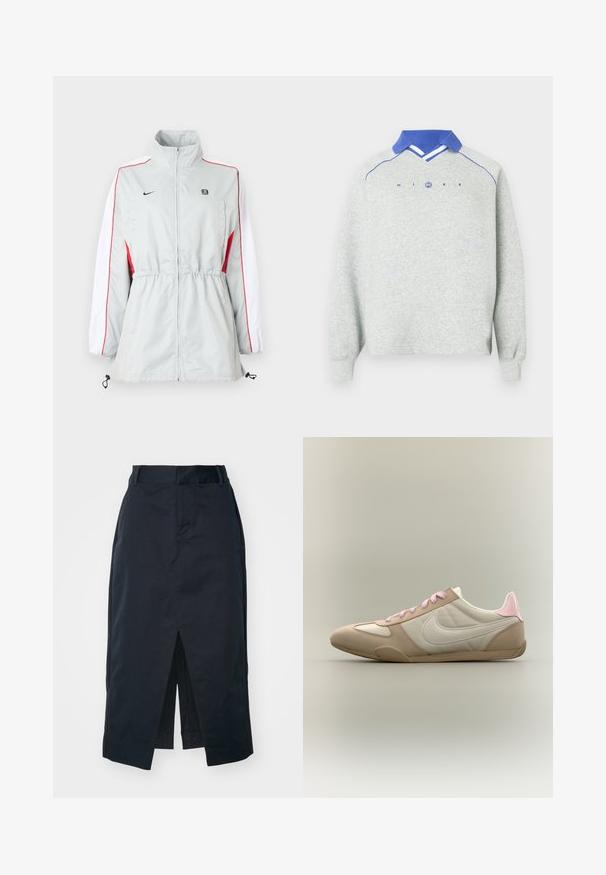 Hellgraue Windjacke mit weißen und roten Seitenpaneelen, verstellbarem Kordelzug am Taillenbund, hohem Kragen und schwarzen Logos auf der Brust.; Hellgrauer Langarm-Sweatshirt mit blauem Polo-Kragen, blauen Paspelierungen an den Schultern und dem Schriftzug "NIKE" mit einem runden Logo auf der Brust.; Dunkelblaues Midi-Rock aus Baumwollmischgewebe mit einem vorderen Schlitz, verdecktem Reißverschluss und praktischen Seitentaschen.; Niedrig geschnittener beige-weißer Sneaker mit pinken Schnürsenkeln und Fersen-Akzent, zeigt das Nike-Logo an der Seite vor einem einfarbigen Hintergrund.