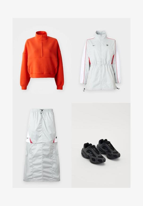 Blouson coupe-vent gris clair avec panneaux latéraux blancs et rouges, taille ajustable par cordon, col montant et logos noirs sur la poitrine.; Un sweat-shirt cropped orange vif avec un col montant et une fermeture éclair demi-longueur, présentant des manches larges et un tissu texturé pour plus de confort.; Jupe de sport longue gris clair en matière brillante et lisse ; comporte des accents rouges et blancs, une taille élastique, et le logo Nike sur le côté.; Baskets Nike noires avec des panneaux en maille et en daim, des découpes uniques et des colliers rembourrés. Des accents brillants sur les côtés mettent en valeur un design moderne.