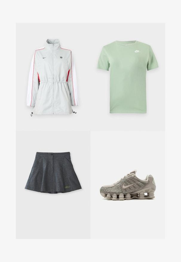 Helehall tuulekindel jakk valgete ja punaste külgpaneelidega, reguleeritava nööriga vöökohas, kõrge krae ja mustade logodega rinnal.; Hele-roheline lühikeste varrukatega Nike t-särk ümara kaelusega ja valge Nike logoga vasakul ülemisel rinnal.; Hallide hallhalli, mis on valmistatud tekstureeritud kangast, millel on vöökoha nupuga sulgemine, kahe küljetasku ja jõhvikusildiga diskreetne tikand himmel.; Hele beež Nike Shoxi sneaker nähtava sambakujulise polsterdusega tallaga ja võrgust üliskattega.