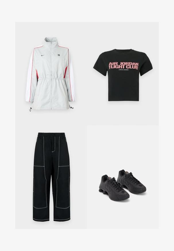 Chaqueta cortavientos gris claro con paneles laterales blancos y rojos, cintura ajustable con cordón, cuello alto y logotipos negros en el pecho.; Camiseta negra recortada con texto rosa "AIR JORDAN FLIGHT CLUB" y texto blanco más pequeño "MIEMBRO OFICIAL" centrado en el frente.; Pantalones negros de pierna ancha con cintura elástica, detalles en costuras blancas contrastantes y múltiples bolsillos para utilidad.; Zapatillas deportivas negras con una parte superior sintética lisa, acentos texturizados, diseño de cordones y amortiguación de resorte visible en el talón.