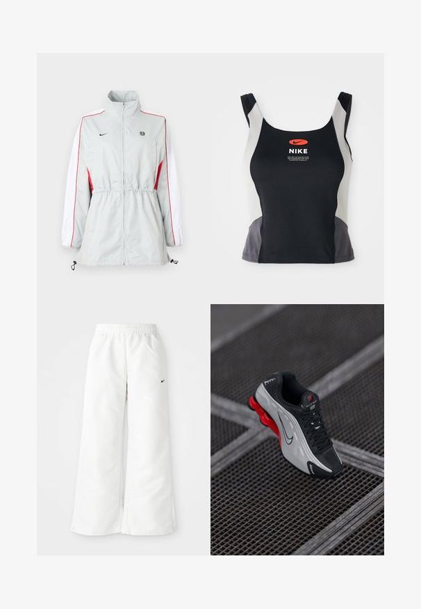 Hellgraue Windjacke mit weißen und roten Seitenpaneelen, verstellbarem Kordelzug am Taillenbund, hohem Kragen und schwarzen Logos auf der Brust.; Schwarz-graues sportliches Tanktop mit rundem Halsausschnitt, schmalen Trägern und einem zentralen orangen Nike-Logo, das auf der Vorderseite aufgedruckt ist.; Weiße Sporthose mit weitem Bein, elastischem Bund und kleinem schwarzen Nike-Logo auf der linken Seite. Glattes, leichtes Material.; Schwarzer und grauer Sportschuh mit roter gepolsterter Sohle, schwarzen Schnürsenkeln und Swoosh-Logo, das auf einer Metallgitteroberfläche ruht.