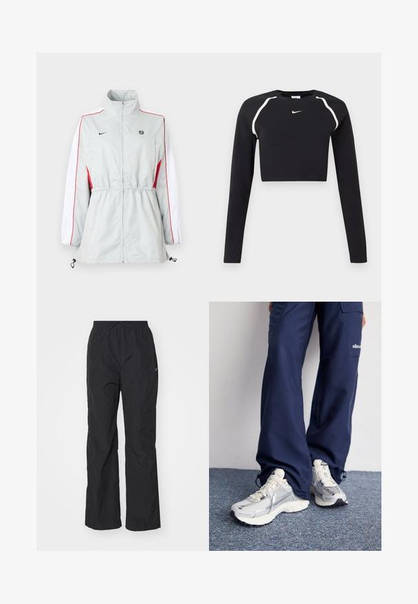 Hellgraue Windjacke mit weißen und roten Seitenpaneelen, verstellbarem Kordelzug am Taillenbund, hohem Kragen und schwarzen Logos auf der Brust.; Schwarzes langärmliges, kurzes Sportoberteil mit weißen, geschwungenen Schulterstreifen und kleinem weißen Nike-Swoosh-Logo auf der Brustmitte.; Schwarze, leichte Hose mit elastischem Bund und Kordelzug. Verfügt über eine strukturierte Oberfläche und ein kleines reflektierendes Logo an der Seite.; Nike Sportschuhe mit einem silbernen Mesh-Obermaterial, weißen Akzenten und strukturierten Sohlen, kombiniert mit locker sitzenden marineblauen Hosen.