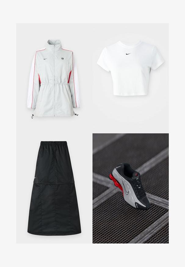 Lys grå vindjakke med hvide og røde sidepaneler, justerbar snøre i taljen, høj krave og sorte logoer på brystet.; Hvid kortærmet t-shirt lavet af bomuld, med korte ærmer og rund halsudskæring, og med et sort Nike-logo på brystet.; Sort atletisk nederdel lavet af let, glat nylonstof. Har elastisk taljebånd og et enkelt, langt, A-formet design.; Sort og grå atletisk sko med rød polstret sål, sorte snørebånd og swoosh-logo hvilende på metalgitteroverflade.