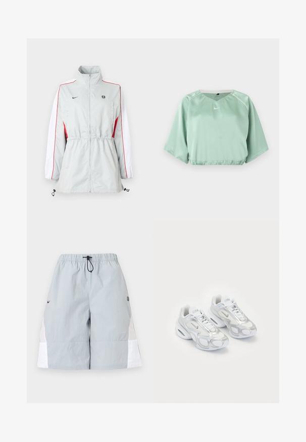 Lichtgrijze windbreakerjas met witte en rode zijpanelen, verstelbare taille met trekkoord, hoge kraag en zwarte logo's op de borst.; Mintgroene korte sporttop met korte wijde mouwen, elastische tailleband, witte bies op de schouders en klein wit Nike-logo middenvoor.; Lichtgrijze sportshorts met witte zijpanelen, een elastische tailleband en een zwarte aantrekkoordlus, weergegeven op een effen achtergrond.; Witte sportieve schoenen met een bovenwerk van mesh en zilveren accenten, in een unieke vorm en met luchtkussen in de hiel. Gespannen ontwerp met logo.