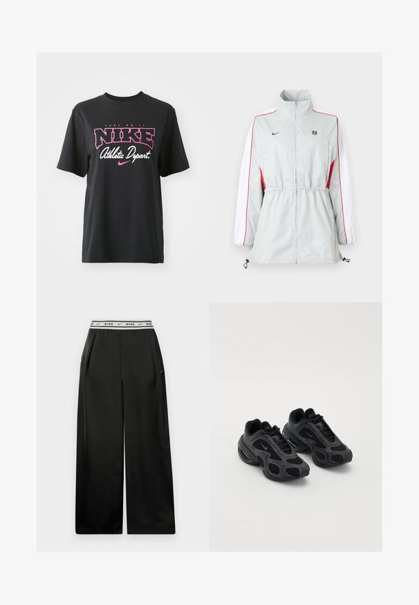 Lys grå vindjakke med hvide og røde sidepaneler, justerbar snøre i taljen, høj krave og sorte logoer på brystet.; Sort bomulds T-shirt med grafisk print i pink og hvid med teksten "JUST DO IT," "NIKE," og "Athletic Depart." Standard pasform.; Sorte bukser med brede ben lavet af glat stof, med en hvid elastisk linning med "NIKE"-logo. Plisseringer tilføjer dybde og tekstur.; Sorte Nike sneakers med mesh- og suede-paneler, unikke udsparinger og polstrede kraver. Skinnende accenter på siderne fremhæver et moderne design.
