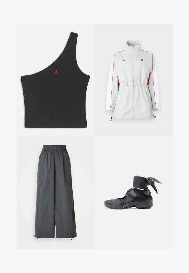 Blouson coupe-vent gris clair avec panneaux latéraux blancs et rouges, taille ajustable par cordon, col montant et logos noirs sur la poitrine.; Haut court noir à une épaule avec logo Jumpman rouge brodé au centre de la poitrine sur un fond uni.; Pantalons larges gris à taille élastique, fabriqués en tissu léger, dotés de deux poches latérales et de cordons de serrage réglables aux poignets.; Chaussure de sport noire avec des découpes, des brides en velcro et un lacet autour de la cheville noué en un nœud, vue de côté sur un fond blanc.