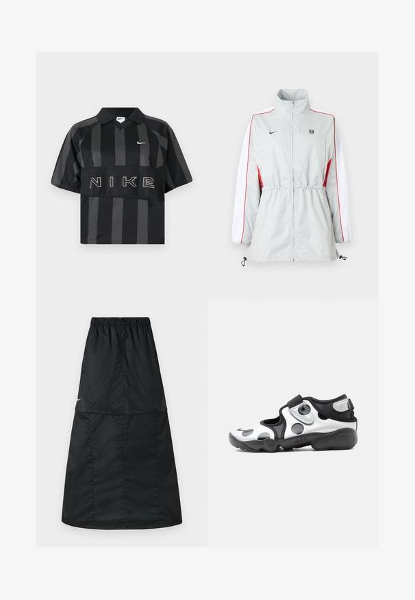 Blouson coupe-vent gris clair avec panneaux latéraux blancs et rouges, taille ajustable par cordon, col montant et logos noirs sur la poitrine.; Polo Nike manches courtes à rayures verticales noires et gris foncé, col, virgule Nike blanche et grand texte NIKE sur la poitrine.; Jupe de sport noire en tissu nylon léger et lisse. Elle possède une taille élastique et une coupe simple, longue, en ligne A.; Chaussure de sport à enfiler noire et blanche avec de gros pois, bride réglable et semelle épaisse et rembourrée marquée "AIR".