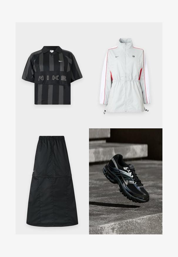 Blouson coupe-vent gris clair avec panneaux latéraux blancs et rouges, taille ajustable par cordon, col montant et logos noirs sur la poitrine.; Polo Nike manches courtes à rayures verticales noires et gris foncé, col, virgule Nike blanche et grand texte NIKE sur la poitrine.; Jupe de sport noire en tissu nylon léger et lisse. Elle possède une taille élastique et une coupe simple, longue, en ligne A.; Chaussure de running Nike noire et argent flottant au-dessus de marches en béton, montrant un design détaillé et une semelle texturée en extérieur.