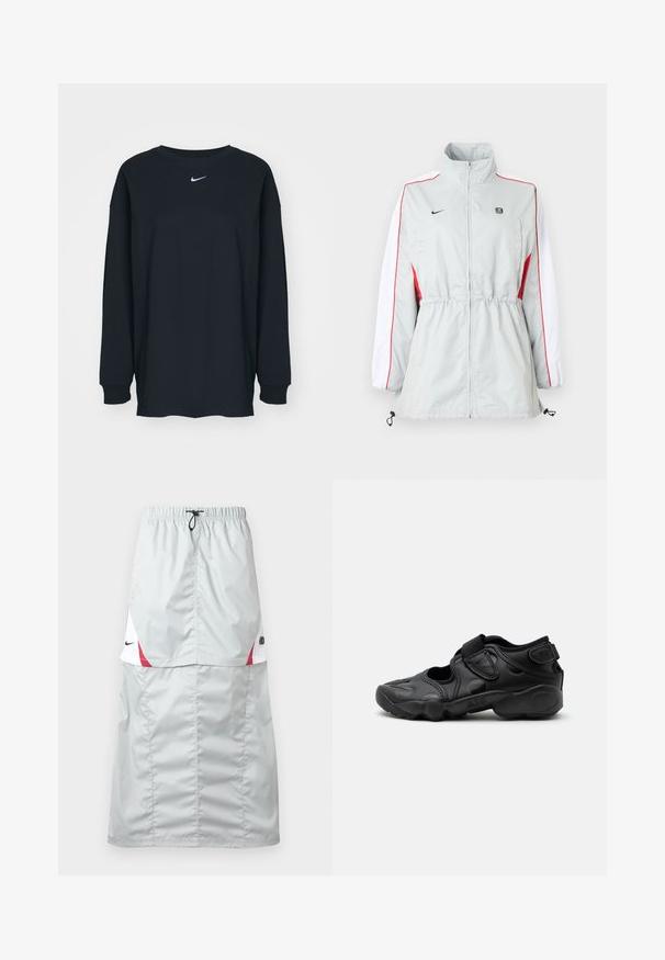Chaqueta cortavientos gris claro con paneles laterales blancos y rojos, cintura ajustable con cordón, cuello alto y logotipos negros en el pecho.; Camiseta negra de manga larga hecha de algodón con cuello redondo. Presenta un logo blanco de Nike en el pecho. Textura suave, diseño sencillo.; Falda deportiva larga de color gris claro, hecha de un material brillante y liso; cuenta con detalles en rojo y blanco, cintura elástica y el logo de Nike en el costado.; Sandalia deportiva negra con puntera cerrada, correas de velcro en la parte media del pie y el talón, y suela gruesa acolchada con la marca "AIR" en el lateral.