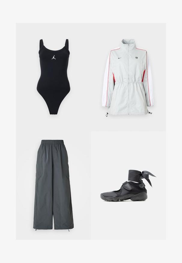 Blouson coupe-vent gris clair avec panneaux latéraux blancs et rouges, taille ajustable par cordon, col montant et logos noirs sur la poitrine.; Maillot de bain une pièce noir avec de larges bretelles et un logo Jumpman blanc centré sur la poitrine sur un fond uni.; Pantalons larges gris à taille élastique, fabriqués en tissu léger, dotés de deux poches latérales et de cordons de serrage réglables aux poignets.; Chaussure de sport noire avec des découpes, des brides en velcro et un lacet autour de la cheville noué en un nœud, vue de côté sur un fond blanc.