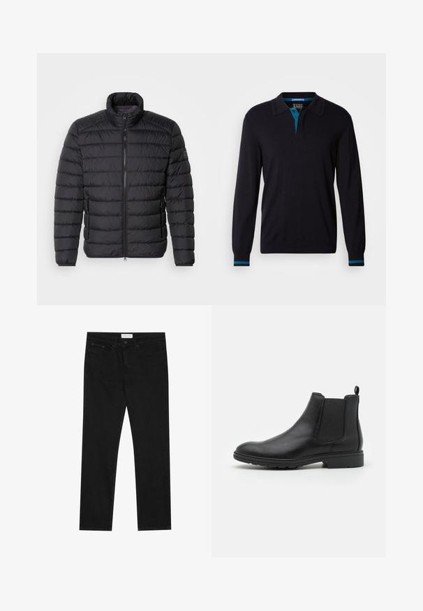 Zwarte pufferjack met hoge kraag, horizontaal gestikt patroon, ritssluiting aan de voorkant en zijzakken. Gladde stoftextuur.; Scotch & Soda LONG SLEEVE POLO - Trui - anthracite; Zwarte straight-leg jeans met een vijf-pocket ontwerp, knoop- en ritssluiting, en een Pier One merklabel op de tailleband.; Zwarte leren Chelsea-boot met elastische zijpanelen en een trekhaak, met een ronde neus en een gestructureerde rubberen zool.