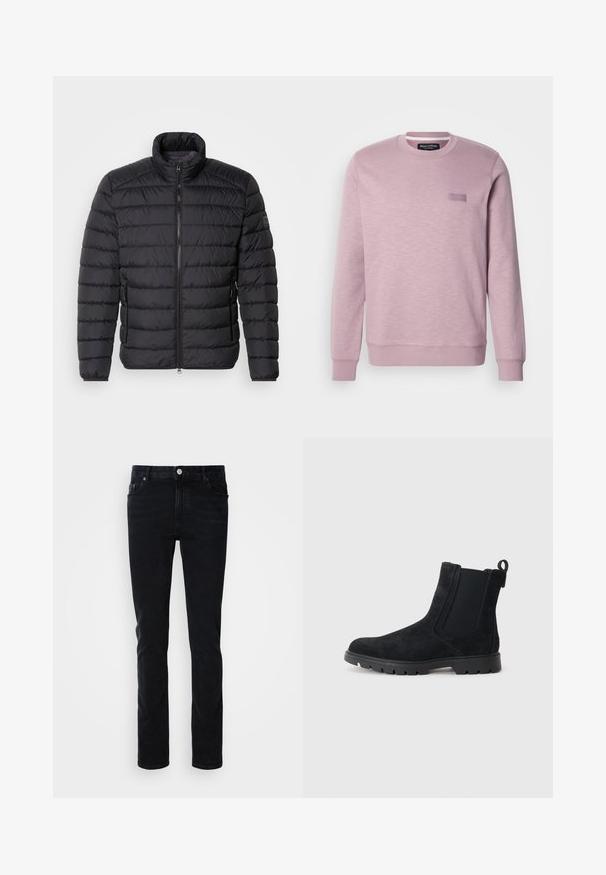 Zwarte pufferjack met hoge kraag, horizontaal gestikt patroon, ritssluiting aan de voorkant en zijzakken. Gladde stoftextuur.; Lichtroze sweatshirt met een ronde hals en lange mouwen. Bevat een subtiele structuur en een klein rechthoekig merklabel op de borst.; Zwarte denim jeans met een slim fit, voorzien van een front pocket, riemlussen en een knoopsluiting. Gladde textuur, minimalistisch ontwerp.; Zwarte suède Chelsea-boots met een gestructureerde bovenkant, elastische zijpanelen, een trekband en een robuuste rubberen zool voor grip.