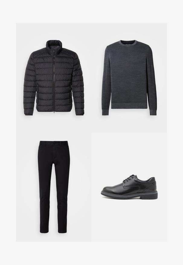 Veste matelassée noire avec un col haut, motif matelassé horizontal, fermeture éclair à l'avant et poches latérales. Texture de tissu lisse.; Pull en gris foncé avec un col rond, des manches longues et un tricot texturé. Petit logo sur la poitrine, poignets et ourlet côtelés.; Pantalons noirs en coton lisse, avec une coupe droite, des poches avant, une fermeture à bouton et une finition soignée.; Chaussure en cuir noir à lacets avec une finition lisse, bout rond et talon texturé. Présente des œillets bleus contrastés et des coutures décoratives.