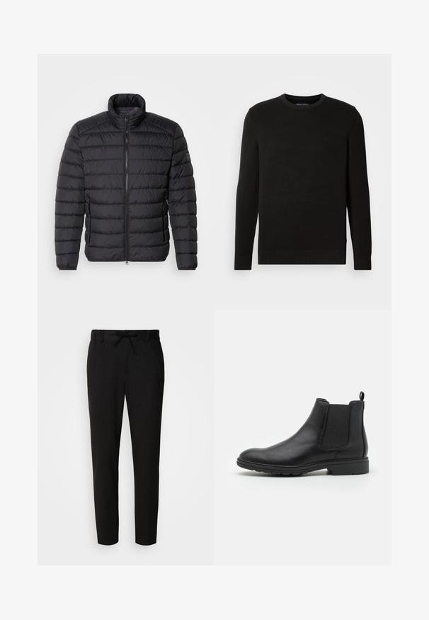 Sort dunjakke med høj krave, vandret quiltet mønster, lynlås lukning foran og sidelommer. Glat stofstruktur.; Sort strikfanget crew-neck sweater med lange ærmer, tekstureret stof, ribbede manchetter og kant, med et lille logo på brystet.; Sorte bukser lavet af et blødt stof, med snoretræk i taljen, slank pasform og konisk ben. Ingen bemærkelsesværdige mønstre eller detaljer.; Sort læder Chelsea-boot med elastiske sidepaneler og en løftestrop, der har en rund tå og en tekstureret gummisål.