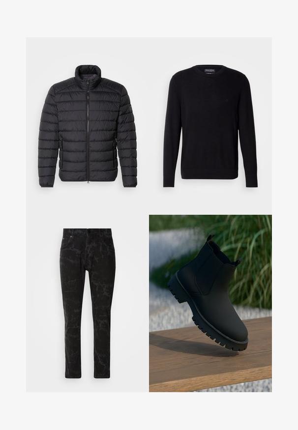Schwarze Daunenjacke mit hohem Kragen, horizontalem Steppmuster, durchgehendem Reißverschluss und Seitentaschen. Glatte Stofftextur.; Schwarzer Strickpullover mit Rundhalsausschnitt, langen Ärmeln und gerippten Bündchen. Mit dezentem Logo auf der Brust. Weiche Stofftextur.; Schwarze Jeans aus Denim mit marmoriertem Muster, geradem Bein, Fünf-Taschen-Stil und Knopfverschluss am Bund.; Schwarze Knöchelstiefel mit glattem Finish, elastischen Seitenpanelen und einer dicken, robusten Sohle. Vor einem natürlichen Hintergrund auf einer Holzoberfläche platziert.