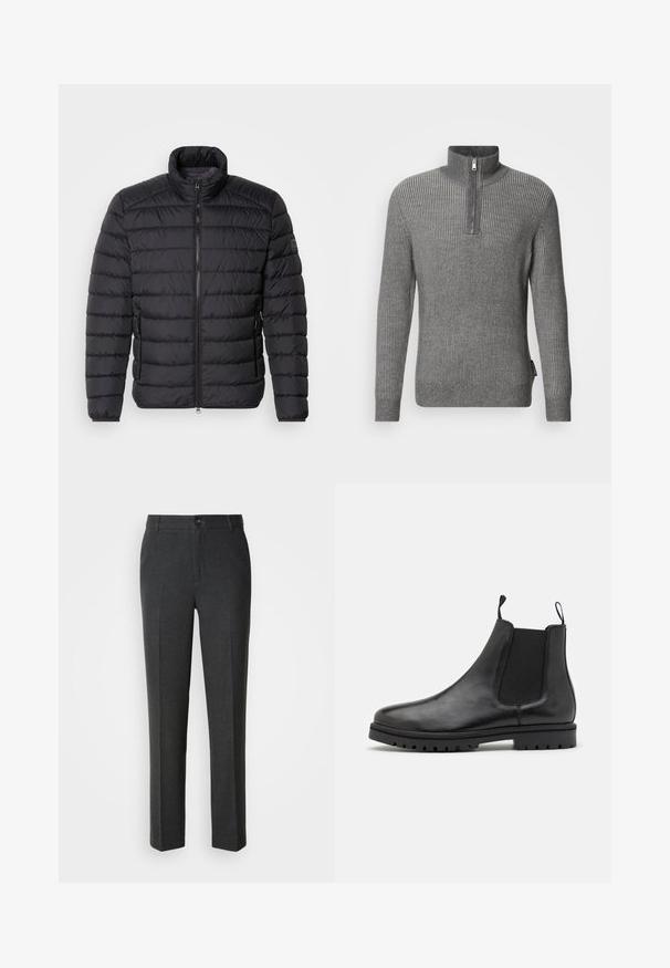 Sort dunjakke med høj krave, vandret quiltet mønster, lynlås lukning foran og sidelommer. Glat stofstruktur.; Grå ribstrikket sweater med høj krave og kort lynlås. Fremstillet af tekstureret strikstof, med lange ærmer og lige kant.; Skræddersyede mørkegrå bukser i et glat stof, med knaplukning, to forlommer og et lige ben-design.; Sorte læder Chelsea støvler med elastiske sidepaneler, trækkemærker og en struktureret gummisål med et slidbane mønster.