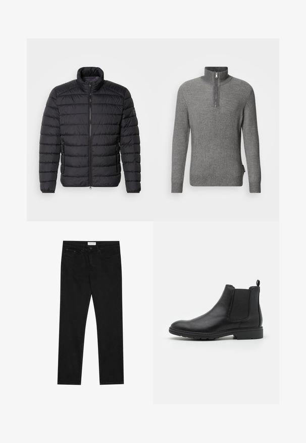 Sort dunjakke med høj krave, vandret quiltet mønster, lynlås lukning foran og sidelommer. Glat stofstruktur.; Grå ribstrikket sweater med høj krave og kort lynlås. Fremstillet af tekstureret strikstof, med lange ærmer og lige kant.; Sorte lige ben jeans med fem-lomme design, knap- og lynlåslukning samt et Pier One mærkeetiket på taljen.; Sort læder Chelsea-boot med elastiske sidepaneler og en løftestrop, der har en rund tå og en tekstureret gummisål.