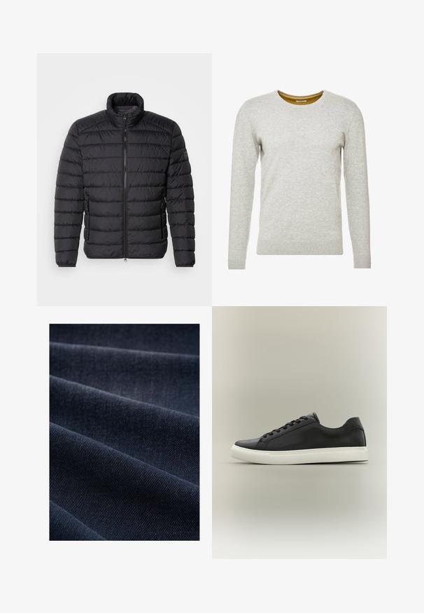 Sort dunjakke med høj krave, vandret quiltet mønster, lynlås lukning foran og sidelommer. Glat stofstruktur.; TOM TAILOR CREW NECK - Striktrøje - light soft grey melange; Mørkeblå denimstof med en ribbet tekstur, der viser folder og bølger, hvilket fremhæver dens vægt og holdbarhed.; Sort lavtop sneakersko med hvid gummisål og sorte snørebånd, vist i sideprofil mod en neutral baggrund.