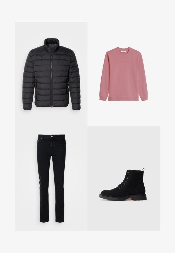 Schwarze Daunenjacke mit hohem Kragen, horizontalem Steppmuster, durchgehendem Reißverschluss und Seitentaschen. Glatte Stofftextur.; Langärmliges Sweatshirt mit Rundhalsausschnitt in gedecktem Rosa mit gerippten Bündchen und Saum, mit dezentem "Marc O'Polo DENIM" Logo auf der Brust.; Schwarze Denim-Jeans mit einer schmalen Passform, ausgestattet mit einer Vordertasche, Gürtelschlaufen und einem Knopfverschluss. Glatte Textur, minimalistisches Design.; Schwarze Wildleder-Stiefeletten mit runder Spitze, Schnürung vorne und Gummisohle mit strukturierter Oberfläche sowie einem roten Akzent an der Ferse.