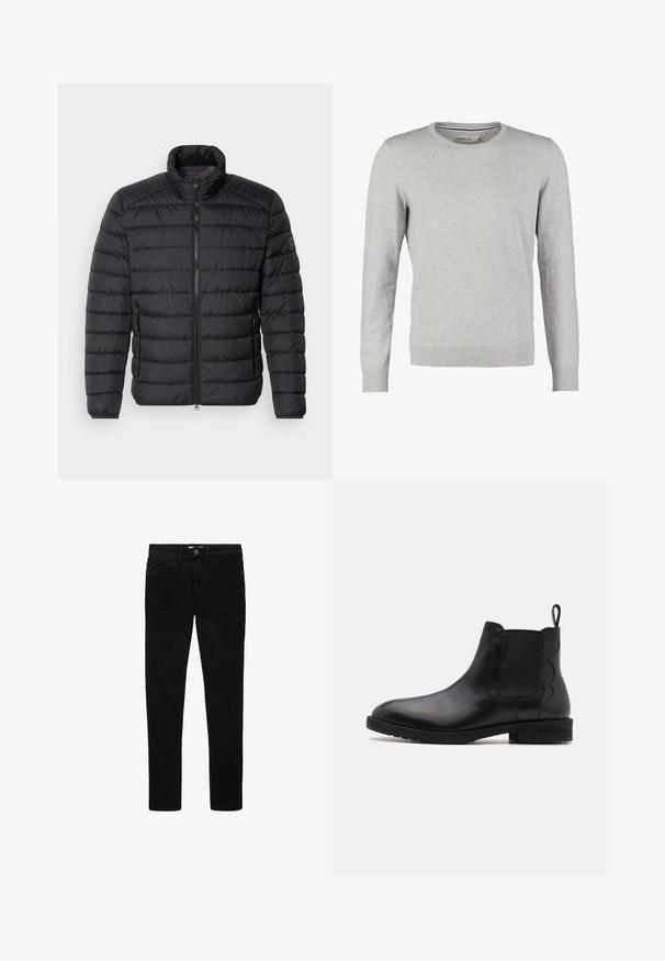 Sort dunjakke med høj krave, vandret quiltet mønster, lynlås lukning foran og sidelommer. Glat stofstruktur.; Grå sweater med lange ærmer, rund halsudskæring, ribbede manchetter og kant. Fremstillet af et glat strikmateriale med en ensartet tekstur. Ingen mønstre eller accenter.; Sorte jeans lavet af denim, med et slim fit design, fem lommer og en knaplukning. Glat tekstur og minimale syninger.; Sort læder Chelsea støvle med elastiske sidestykker, rund tå og lav blokhælfod. Har en løftestrop bagpå for nem påtagning.