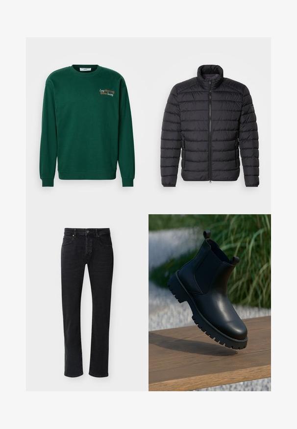 Sort dunjakke med høj krave, vandret quiltet mønster, lynlås lukning foran og sidelommer. Glat stofstruktur.; Mørkegrøn sweatshirt med rund hals, lange ærmer og ribbede manchetter. Funktioner "Lazy Morning Brew Society" broderet i orange og hvid.; Sorte jeans med lige ben, forlommer, bæltestropper, knaplukning og synlige syninger på en ensfarvet hvid baggrund.; Sorte læder ankelstøvler med elastiske sidepaneler, rund tå og kraftig sål, vist på en træoverflade.