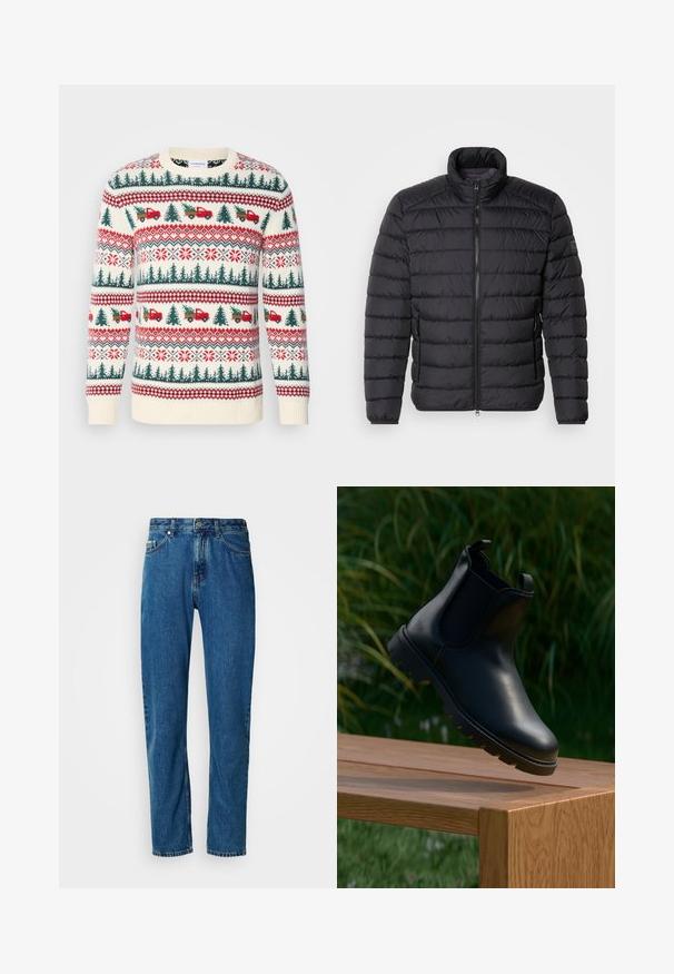 Chaqueta acolchada negra con cuello alto, patrón de acolchado horizontal, cierre de cremallera frontal y bolsillos laterales. Textura de tela suave.; Suéter de punto con base en crema, patrones rojos y verdes de árboles, camiones y copos de nieve, con puños y dobladillo acanalados.; Jeans de mezclilla azul de pierna recta con cinco bolsillos y cierre frontal de botón sobre un fondo blanco.; Bota Chelsea de cuero negro con punta redonda, paneles laterales elásticos, tiradores y suela de goma texturizada, colocada sobre una superficie de madera.