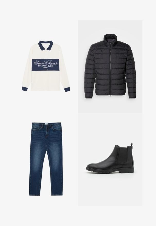 Schwarze Daunenjacke mit hohem Kragen, horizontalem Steppmuster, durchgehendem Reißverschluss und Seitentaschen. Glatte Stofftextur.; Langärmliges Poloshirt, creme- und navyfarben, aus Baumwollmischung. Verfügt über ein navyfarbenes Band mit weißem Text und einen klassischen Kragen mit navyfarbener Einfassung.; Dunkelblaue Slim-Fit-Jeans mit ausgewaschenen Details, klassischem Fünf-Taschen-Design, Knopfverschluss und Gürtelschlaufen.; Schwarze Leder Chelsea-Stiefel mit elastischen Seiteneinsätzen und einer Ziehschlaufe, runder Zehenform und strukturiertem Gummisohle.