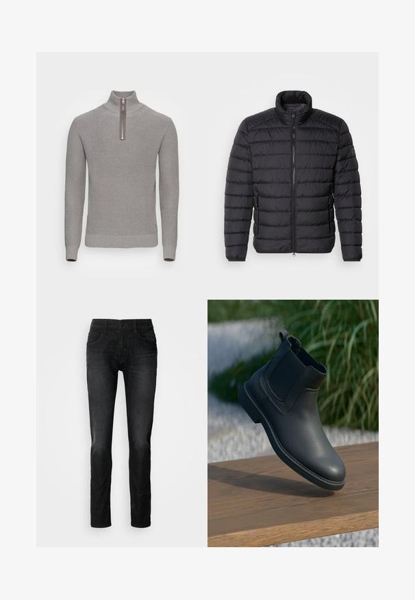 Veste matelassée noire avec un col haut, motif matelassé horizontal, fermeture éclair à l'avant et poches latérales. Texture de tissu lisse.; Pull en tricot gris avec un col montant et une fermeture éclair mi-hauteur. Il présente un motif texturé ainsi que des bords côtelés aux poignets et à l'ourlet pour un look ajusté.; Jean en denim noir avec une coupe droite, comportant cinq poches, un zip à bouton et une texture de tissu subtile. Pas d'usure visible ni de motifs.; Bottine en cuir noir avec des panneaux latéraux élastiques, des accents texturés et une semelle en caoutchouc ; l'affichage comprend une surface en bois et de la verdure.