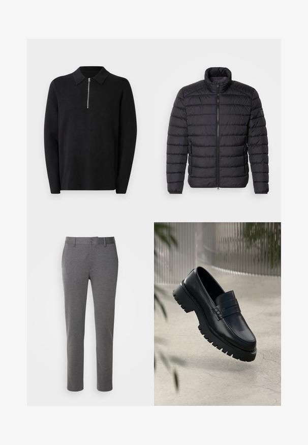 Sort dunjakke med høj krave, vandret quiltet mønster, lynlås lukning foran og sidelommer. Glat stofstruktur.; Sort pullover med lange ærmer og lynlås i kraven. Lavet af blødt stof, der har en glat tekstur og et enkelt, minimalistisk design.; Grå skræddersyede bukser lavet af blødt stof med en glat tekstur, forlommer og enkelt knaplukning ved taljen.; Sorte læder loafers med en chunky sål, der har en dekorativ rem og syninger. Glat tekstur med en poleret overflade.